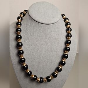 [J. CREW] Black & Gold ○● Beaded Statement Necklace with Cloth Tie